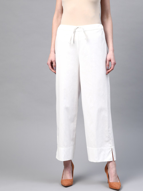 White Solid Cotton Sustainable  Handloom Wide Leg Palazzos