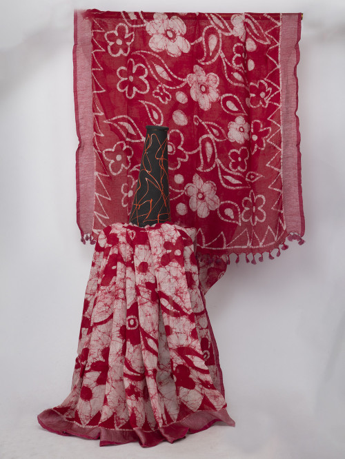 Pure Linen Batik Red Saree