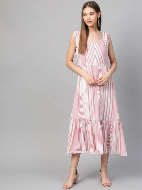 Pink Striped woven Mul-Mul Dress