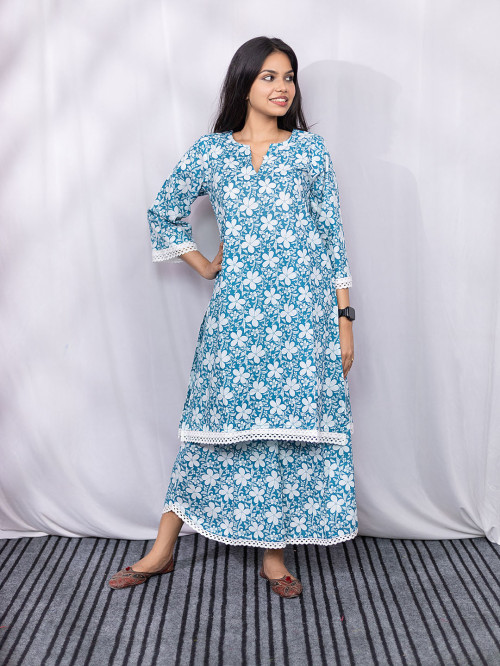Sky Blue and White Floral Print Kurta Set with Lace Details