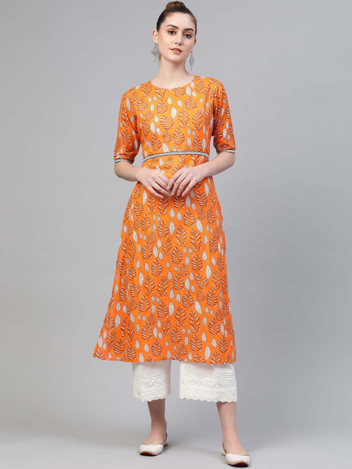 Women Orange & White Floral Printed Thread Work Pure Cotton Kurta