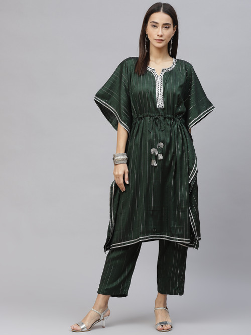Women Green & Silver Striped  Lurex Pleated Kaftan Kurta & Palazzos