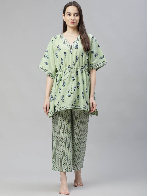 Green Printed  Cotton Kaftan Night suit