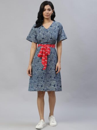 Blue Sustainable A-Line Dress with Belt
