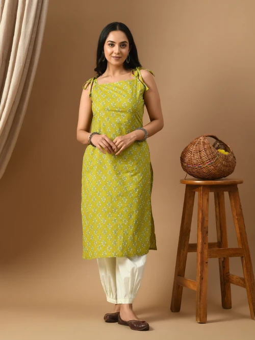 Pure Cotton Mehndi green white booti kurta with straps