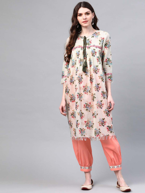 Women Off-White & Peach-Coloured Floral Printed Sustainable Kurta with Salwar