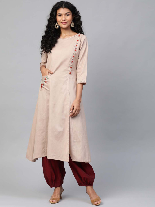 Women Taupe Embroidered High-Slit A-Line Sustainable Kurta