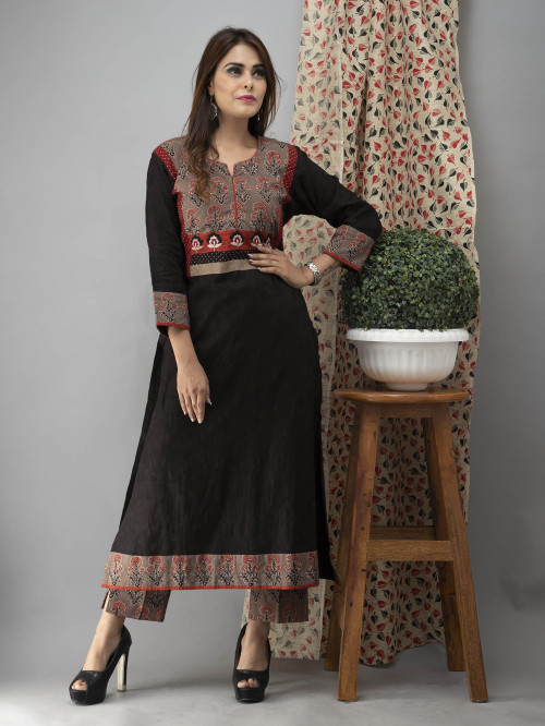 Hand Embroidered Black Kurta With<br>Ajrakh Pants And Dupatta- Set of 3