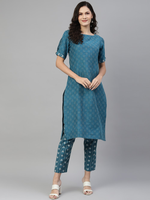 Women Teal Printed Pure Cotton Kurta with Trousers