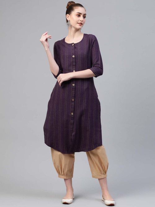 Women Purple & Beige Striped Thread Work Handloom Cotton Kurta