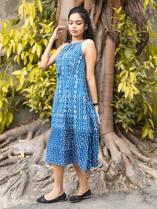Natural Dyed Handblock Printed Indigo Dress with Pleats