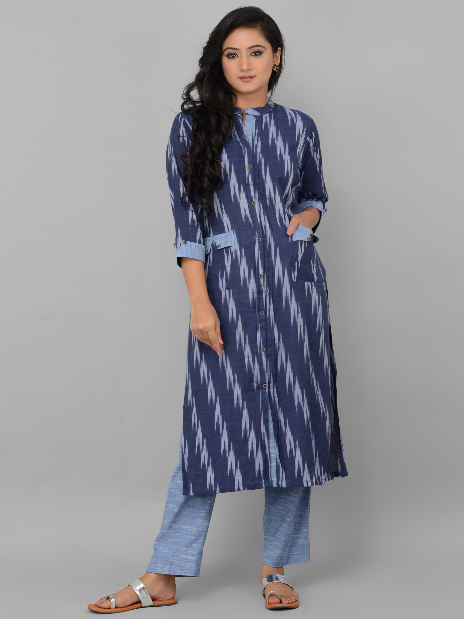 Blue Ikkat with Khadi Pants Set