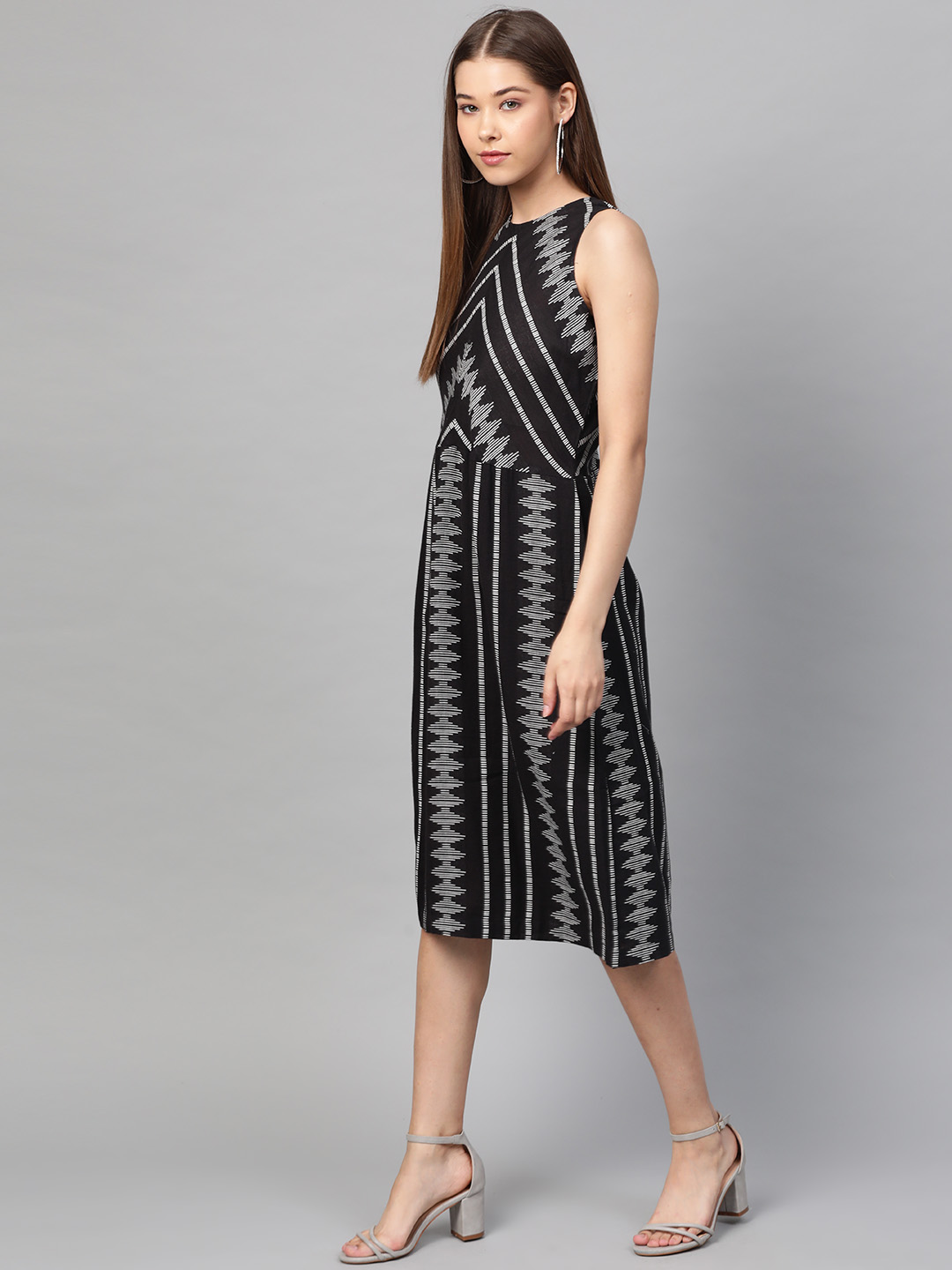 Black & White Self-Design Ikkat A-Line Dress