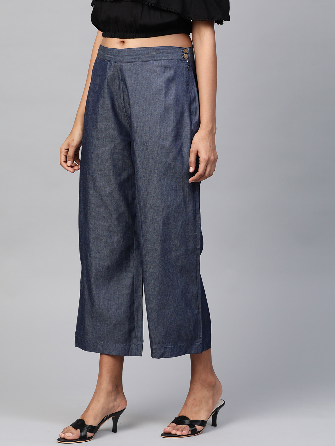 Navy Blue Straight Fit  Solid Cropped Denim Culottes