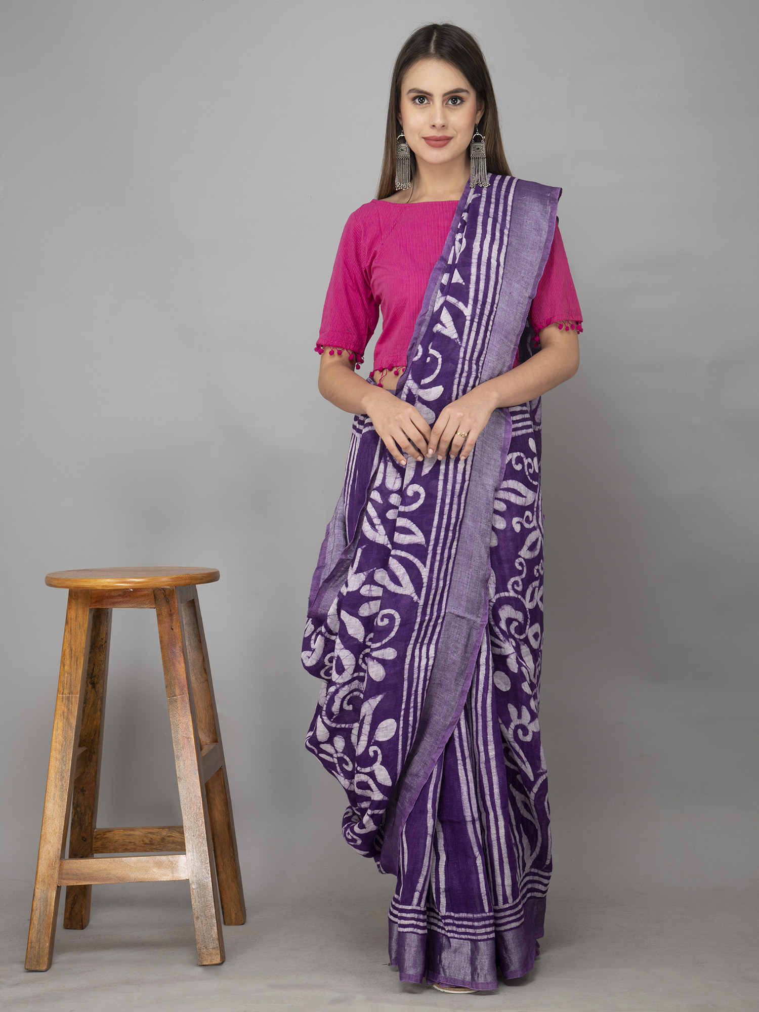 Pure Linen Batik Print Purple Saree