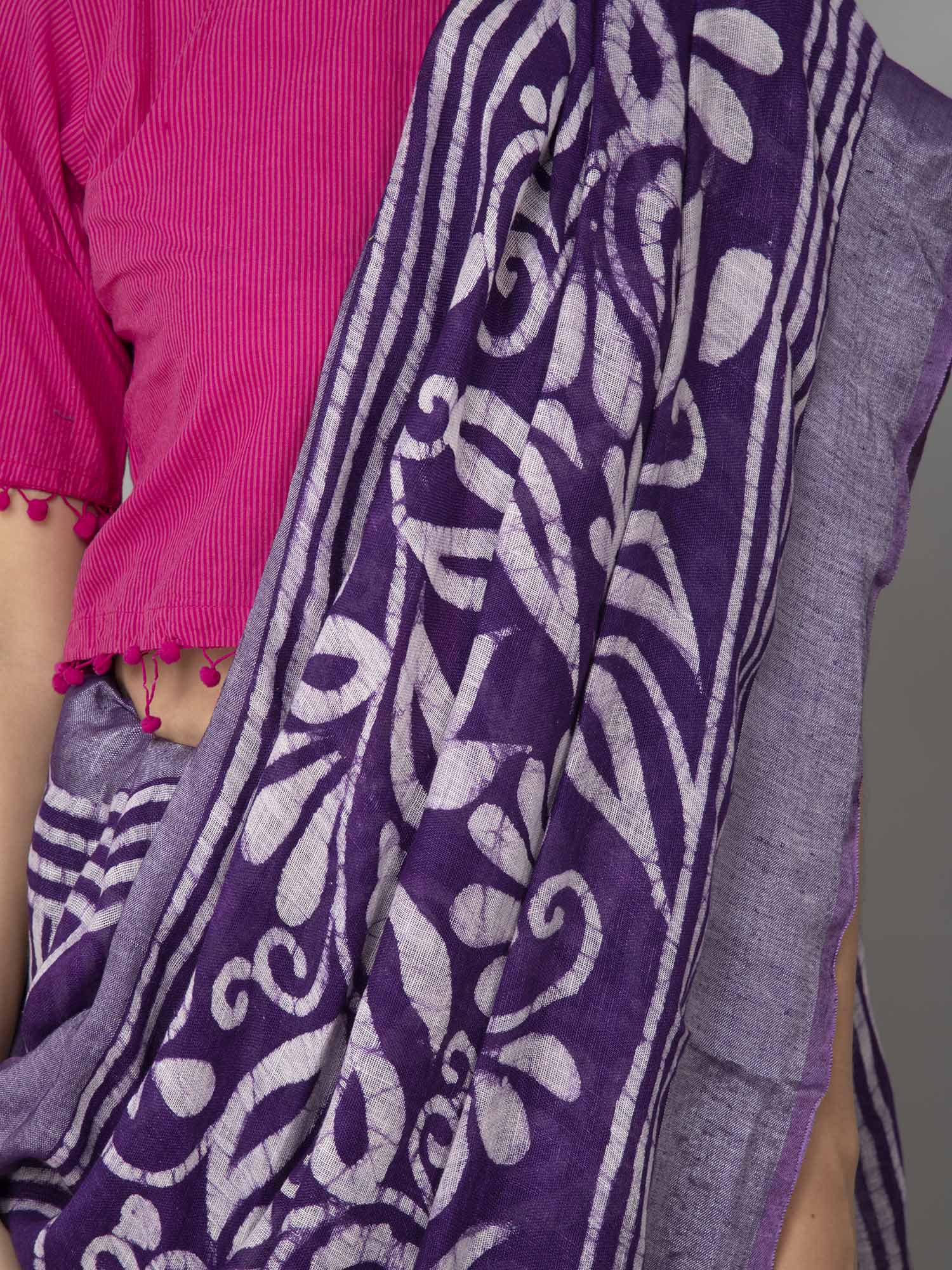 Pure Linen Batik Print Purple Saree