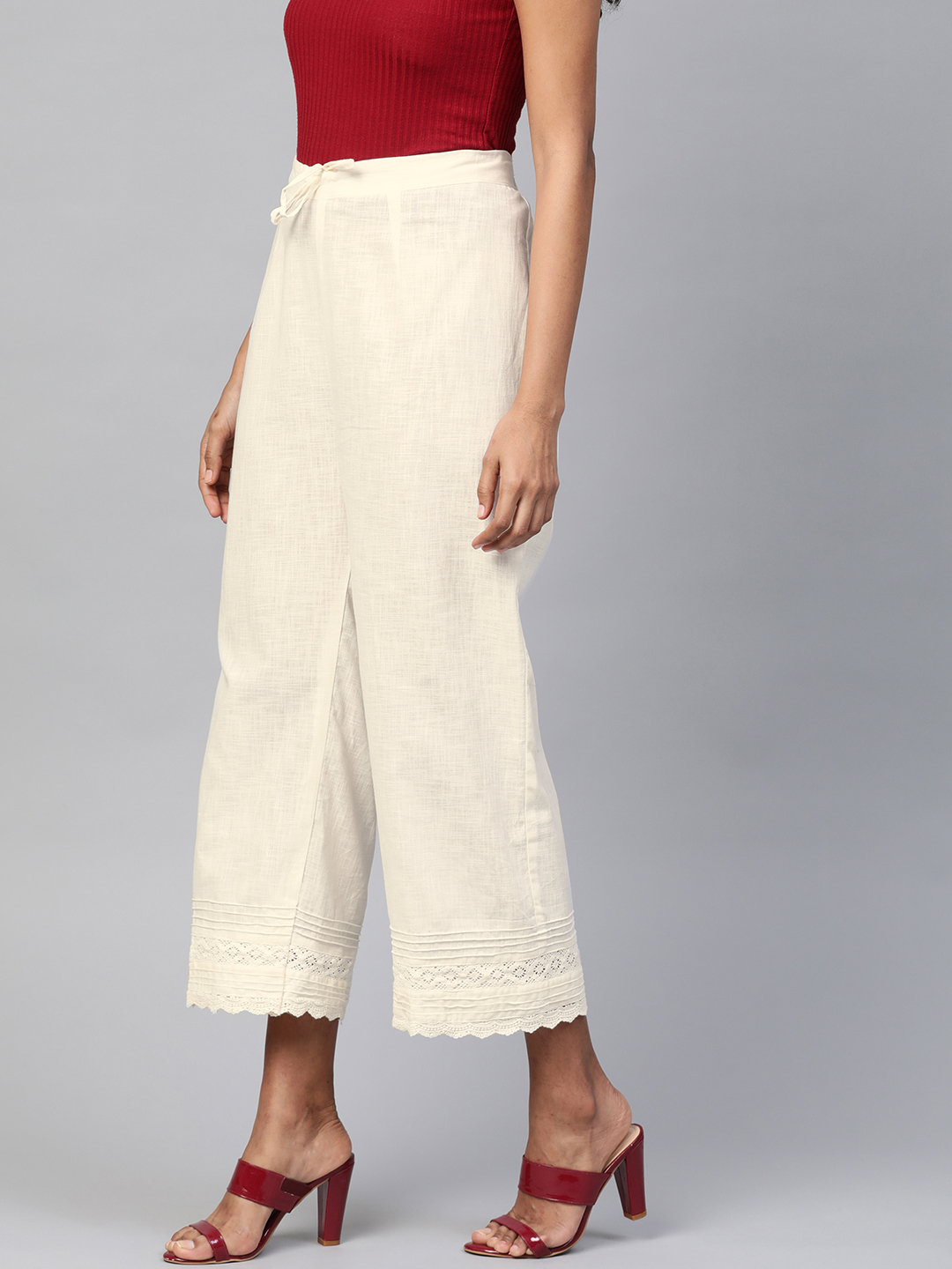 Off-white Cotton Palazzo With Lace and Pintucks