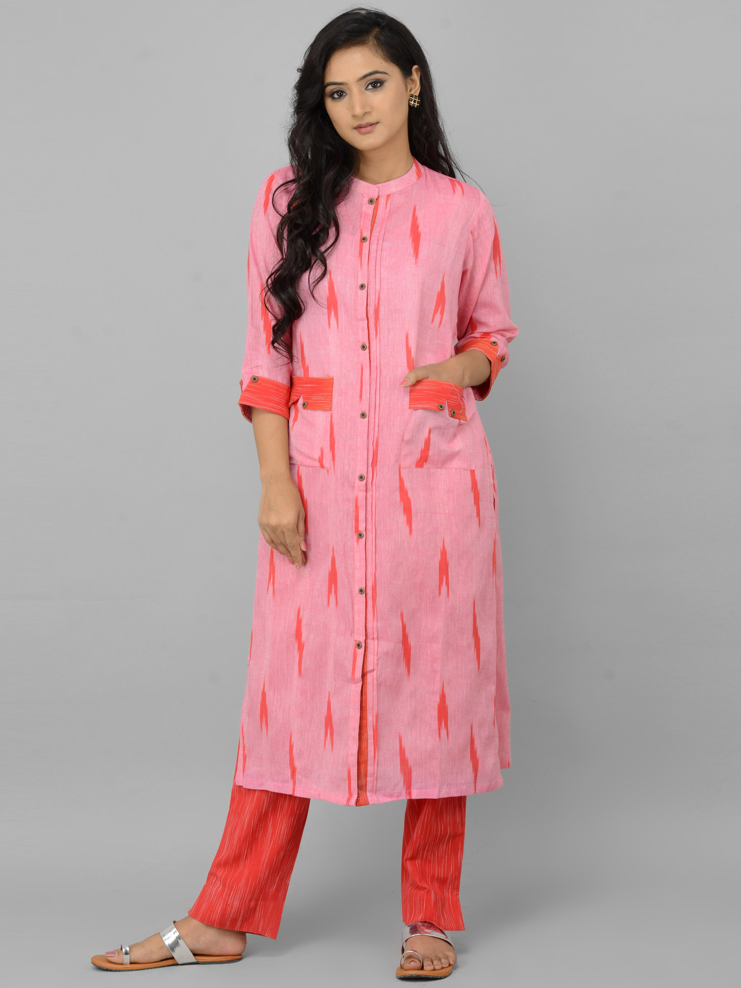 Pink Ikkat with Khadi Pants Set