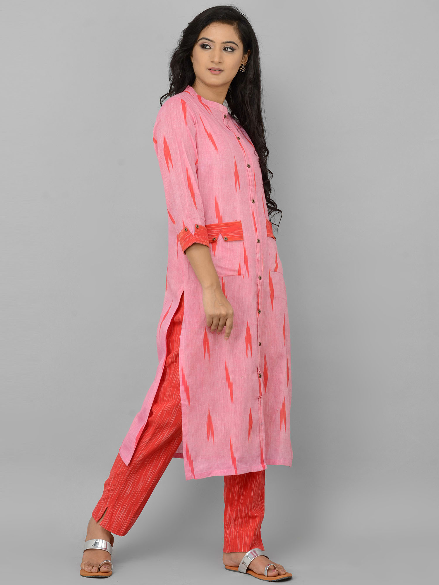 Pink Ikkat with Khadi Pants Set