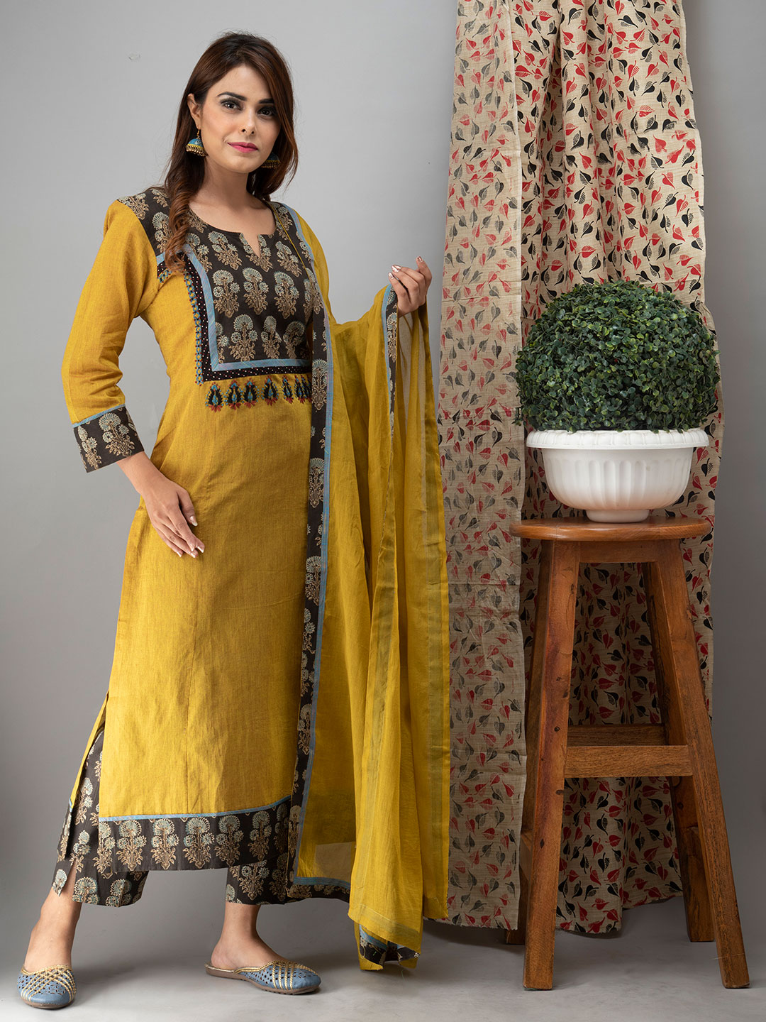 Hand Embroidered Corn Yellow <BR> Kurta with Ajrakh Pants and <BR> Cotton Dupatta