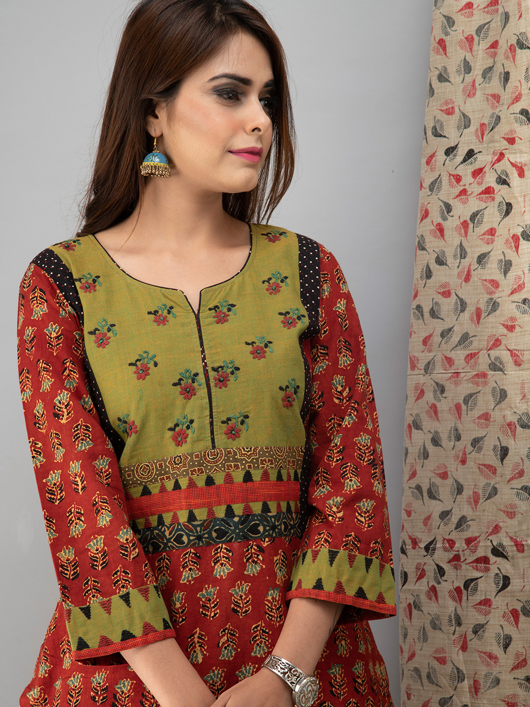 Hand Embroidered Candy <br> Red Ajrakh Kurta Set - Set of 3
