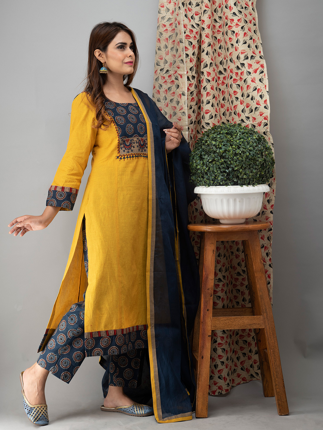 Hand Embroidered Yellow <br> Kurta With Ajrakh Pants And Dupatta