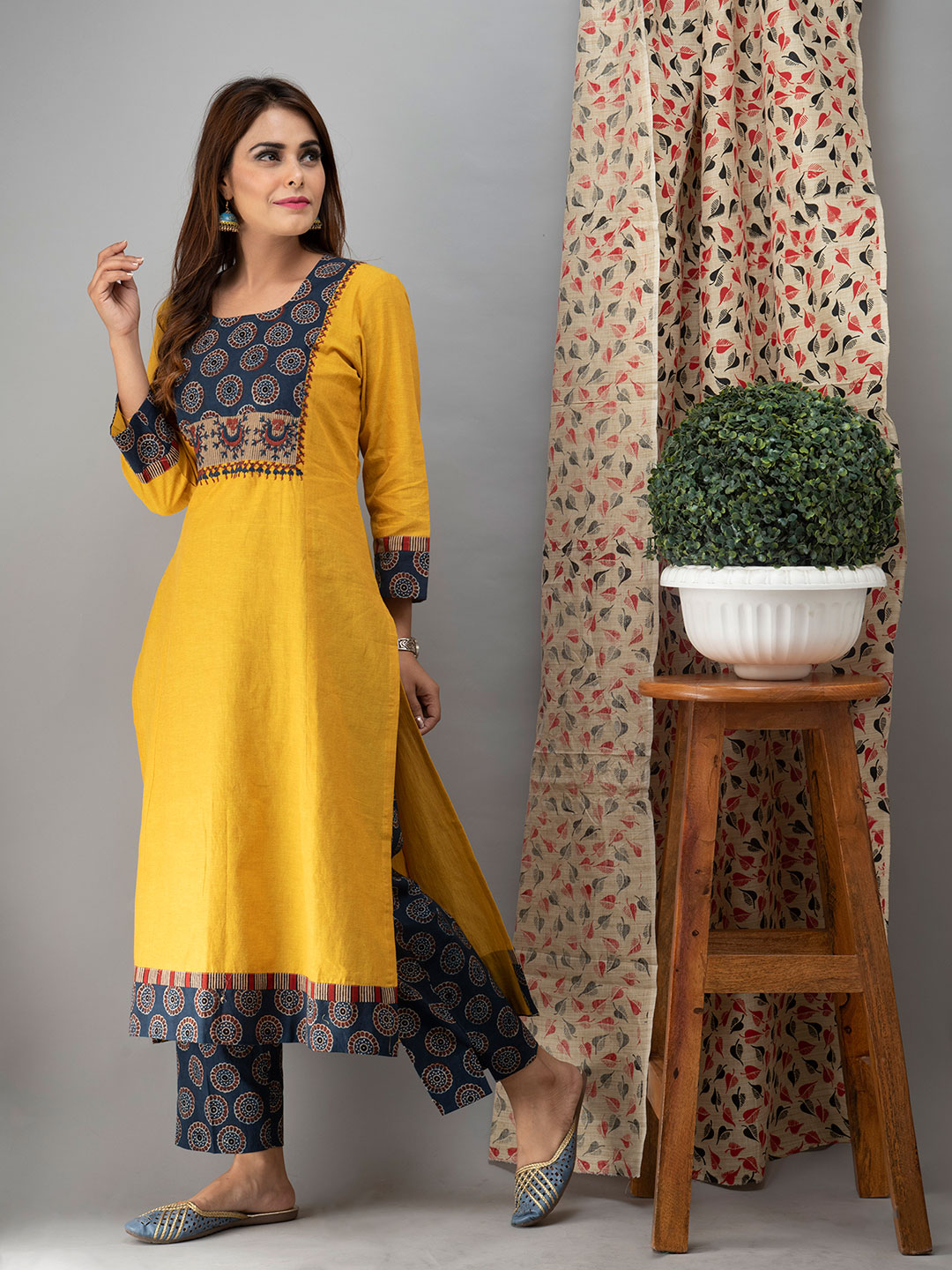 Hand Embroidered Yellow <br> Kurta With Ajrakh Pants And Dupatta