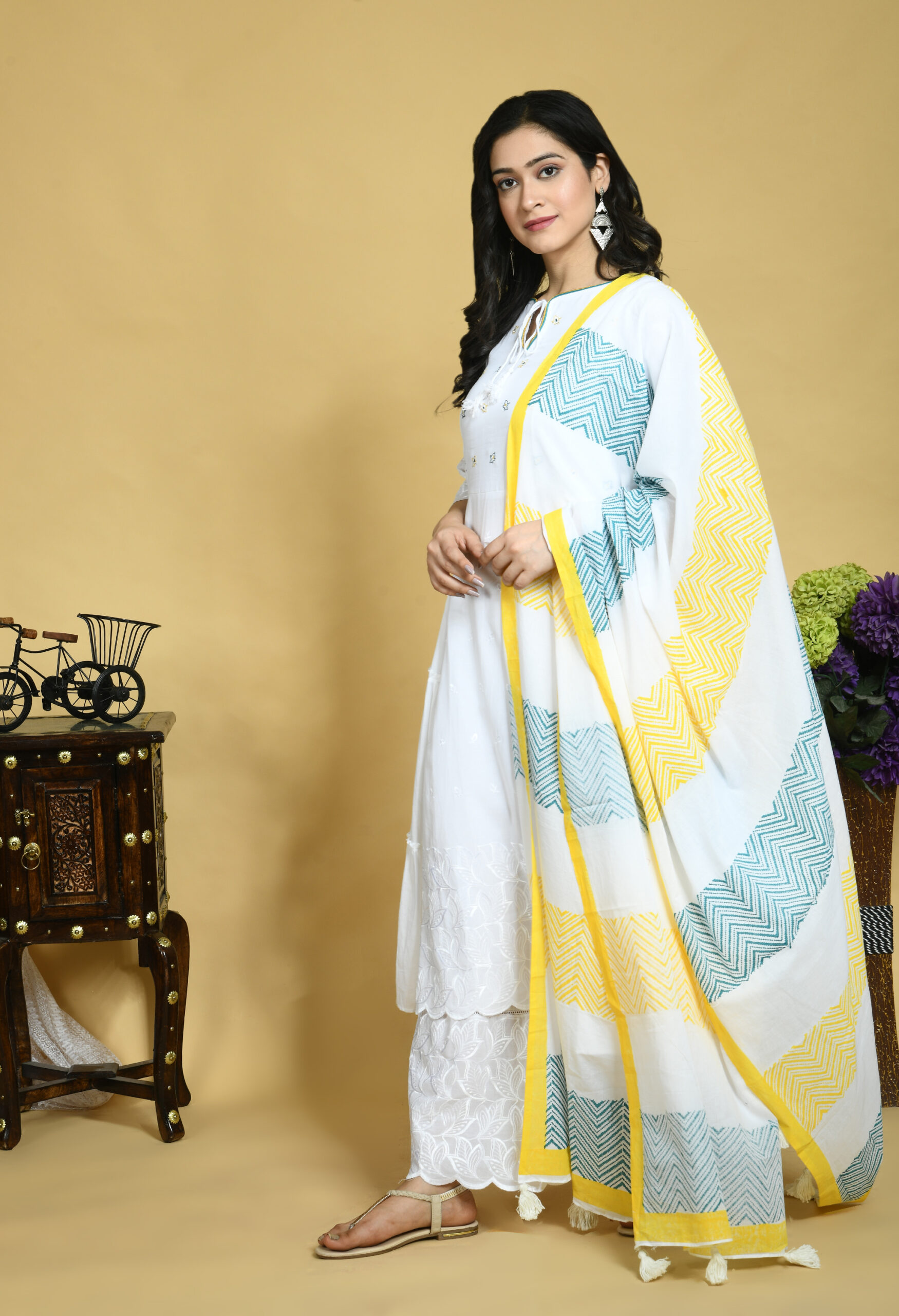 White-Coloured  yoke Embroidered <br/>Teal Blue & Yellow side frills Kurta<br/> with Palazzo and dupatta