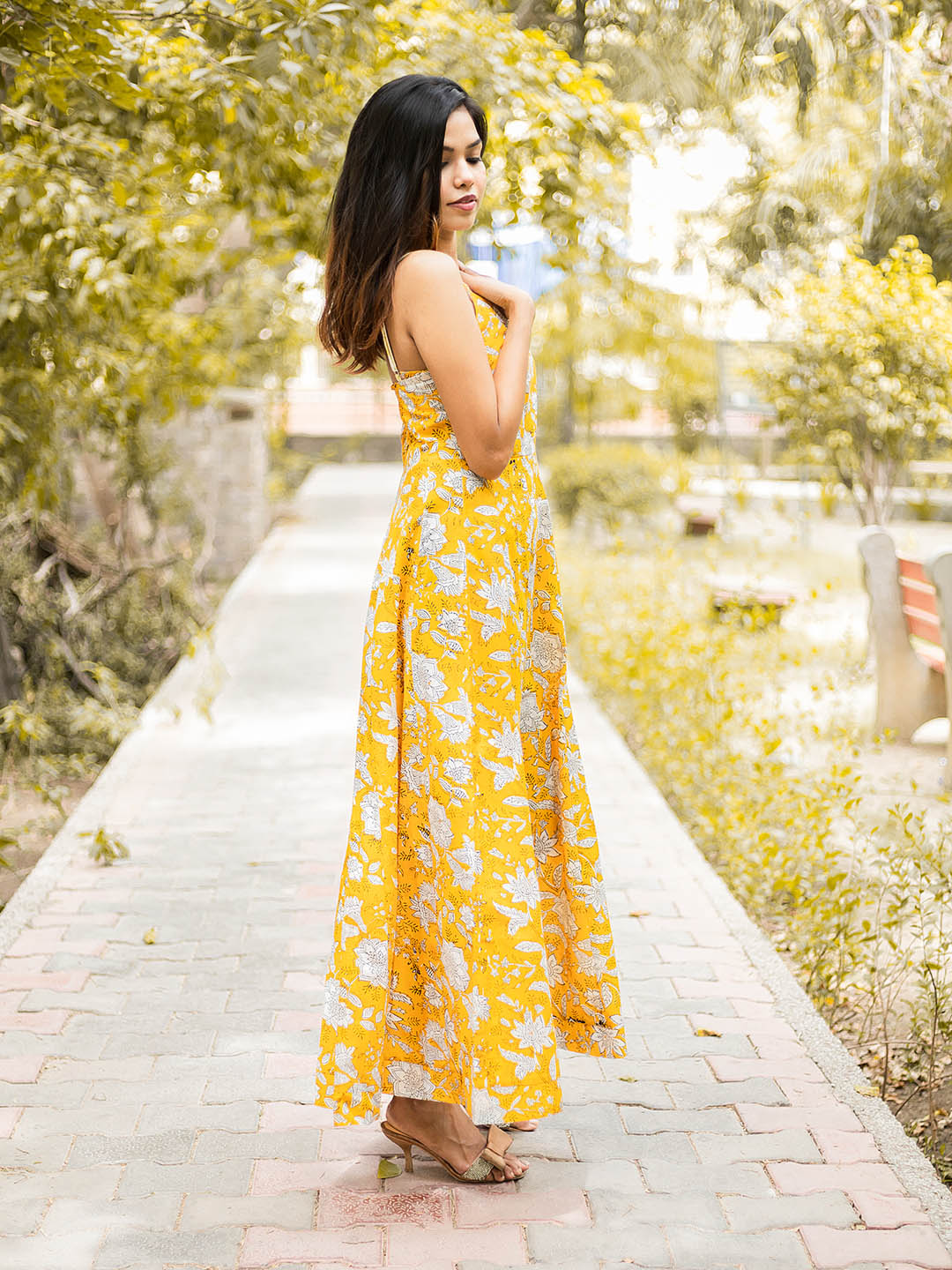 Handblock Printed Yellow Long Kalidar Dress with Smocking