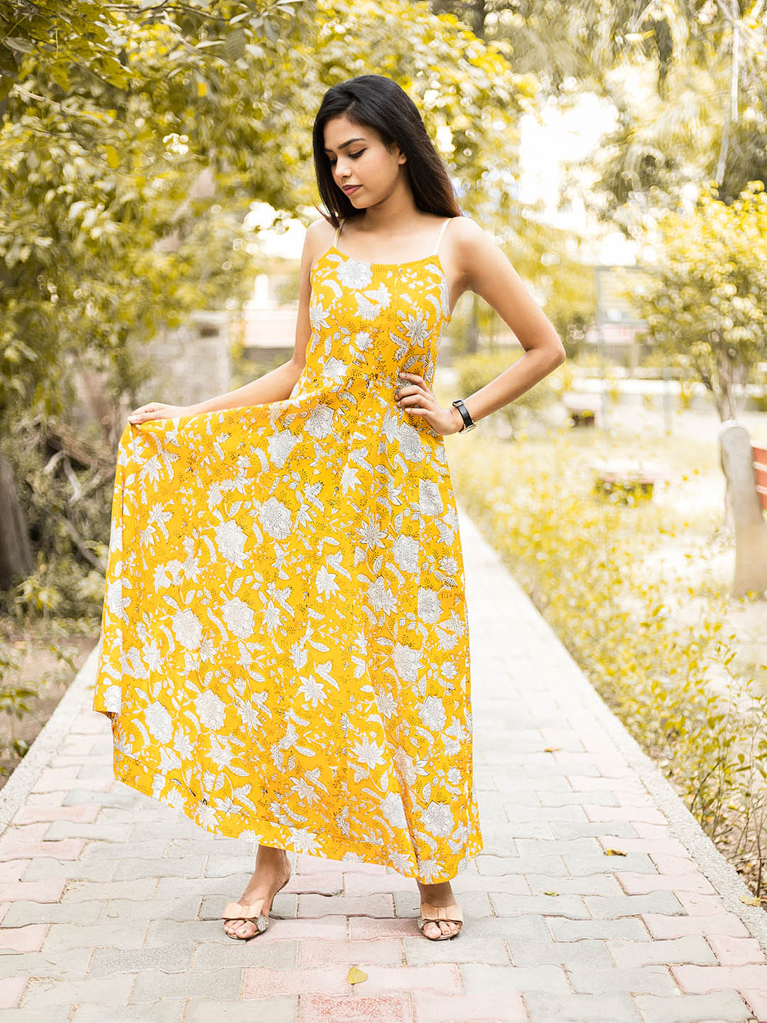 Handblock Printed Yellow Long Kalidar Dress with Smocking