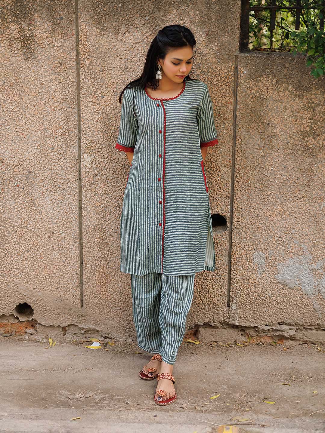 Pista Green Striped Coord Set with Pleated Salwar