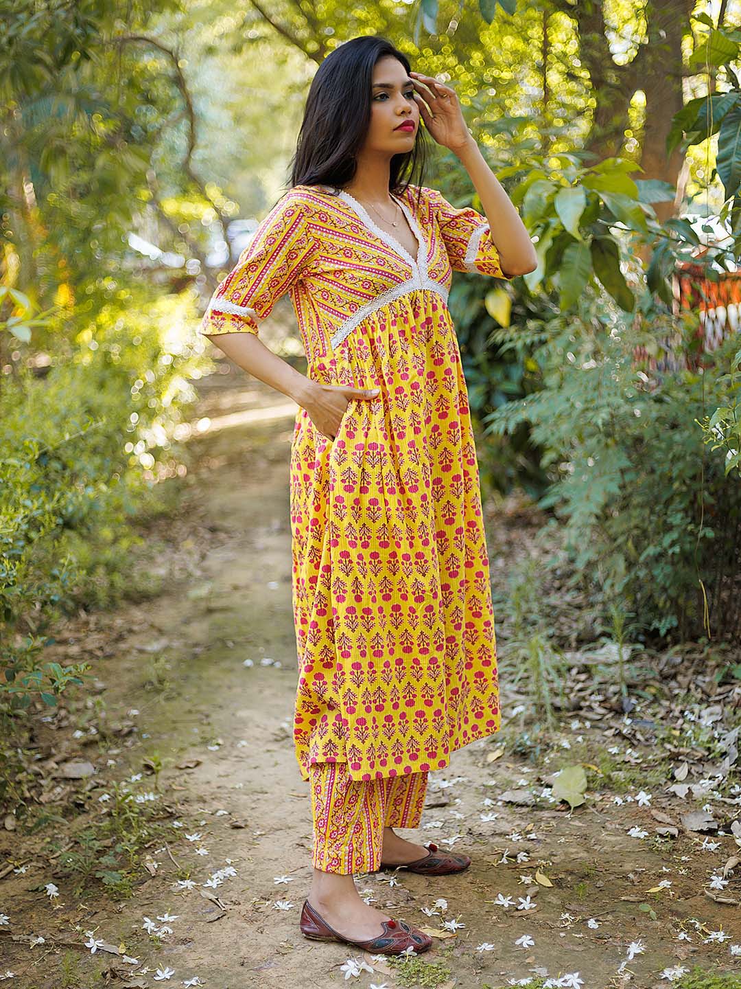 Yellow  FLoral Kurta set with Lace Details