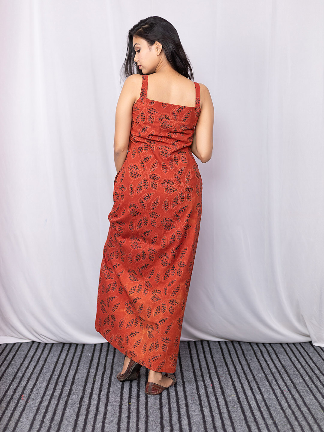 Handblock Printed Brick Red Bagru Printed Slit Dress