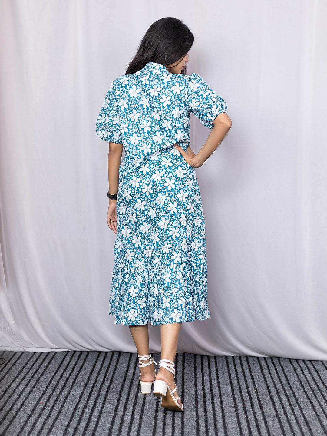 BLUE WITH WHITE FLOWER PRINT Dress
