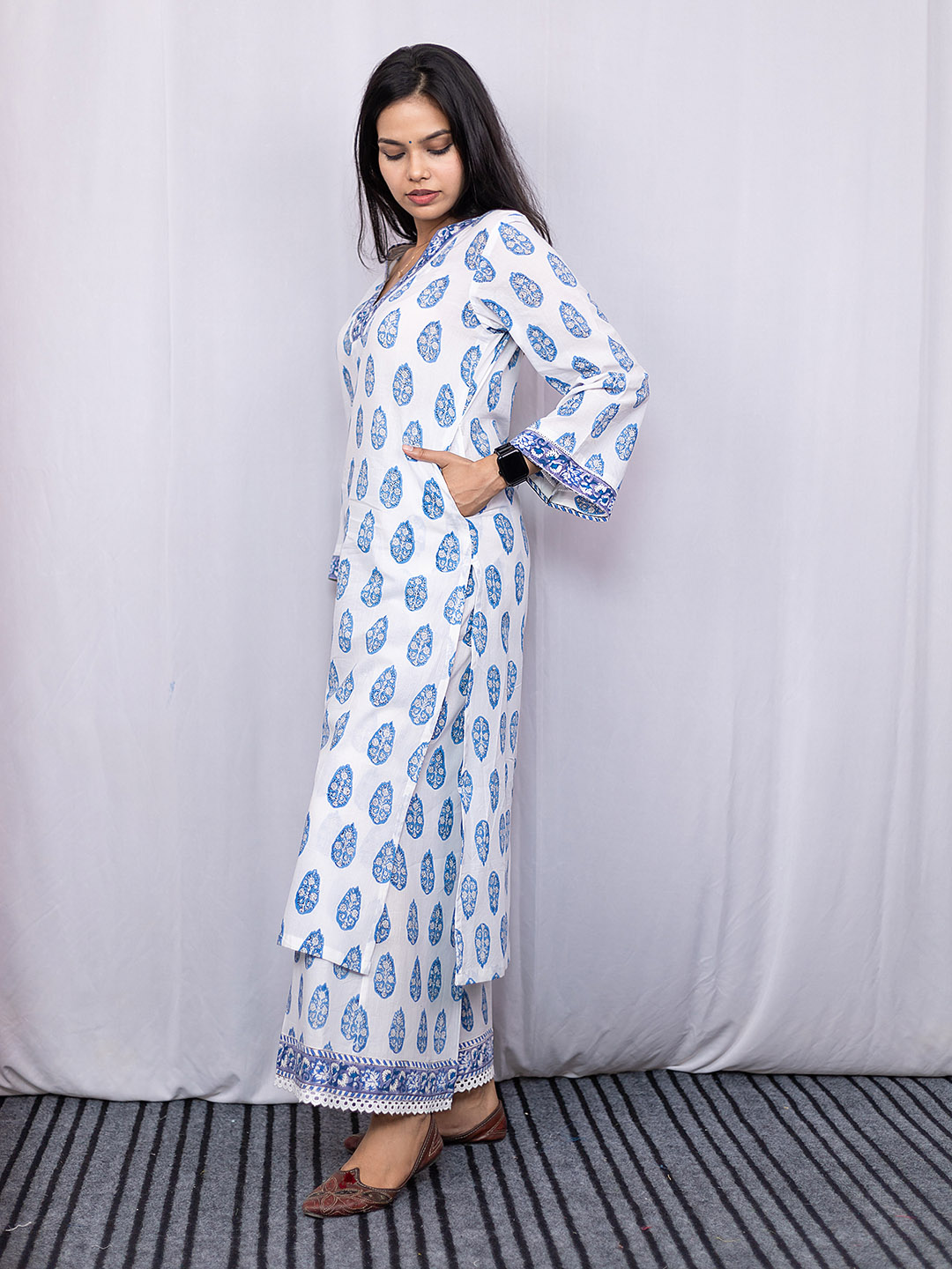 HandBlock Printed White and Blue Booty Kurta Set with Lace Detailing