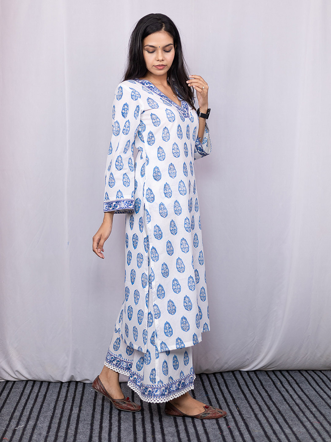 HandBlock Printed White and Blue Booty Kurta Set with Lace Detailing