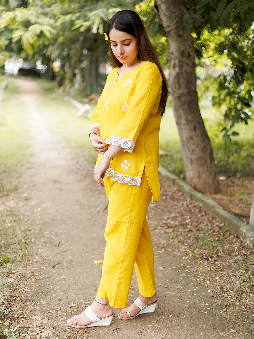 Yellow Embroidered CORD Set with Lace Details