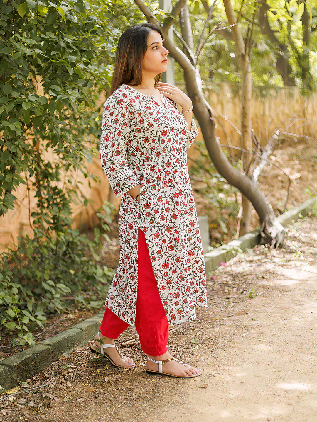 Handblock Printed White and Red Floral Kurta  with Lace details