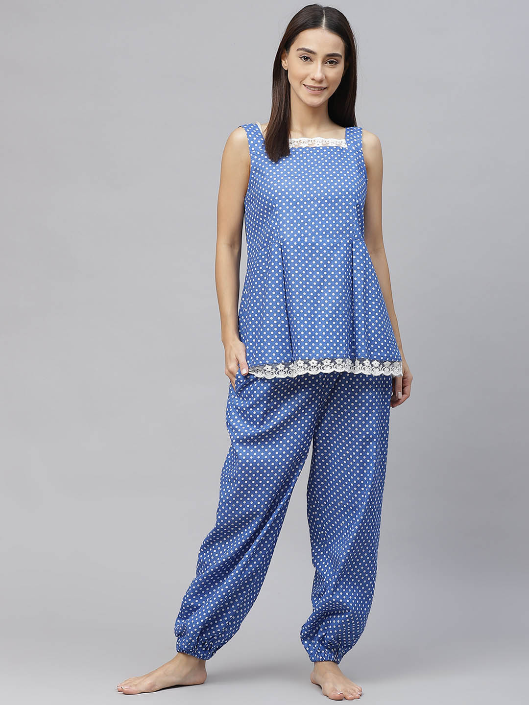 Women Blue & White  Polka Dot Print Lace  Inserts Cotton Pyjama Set