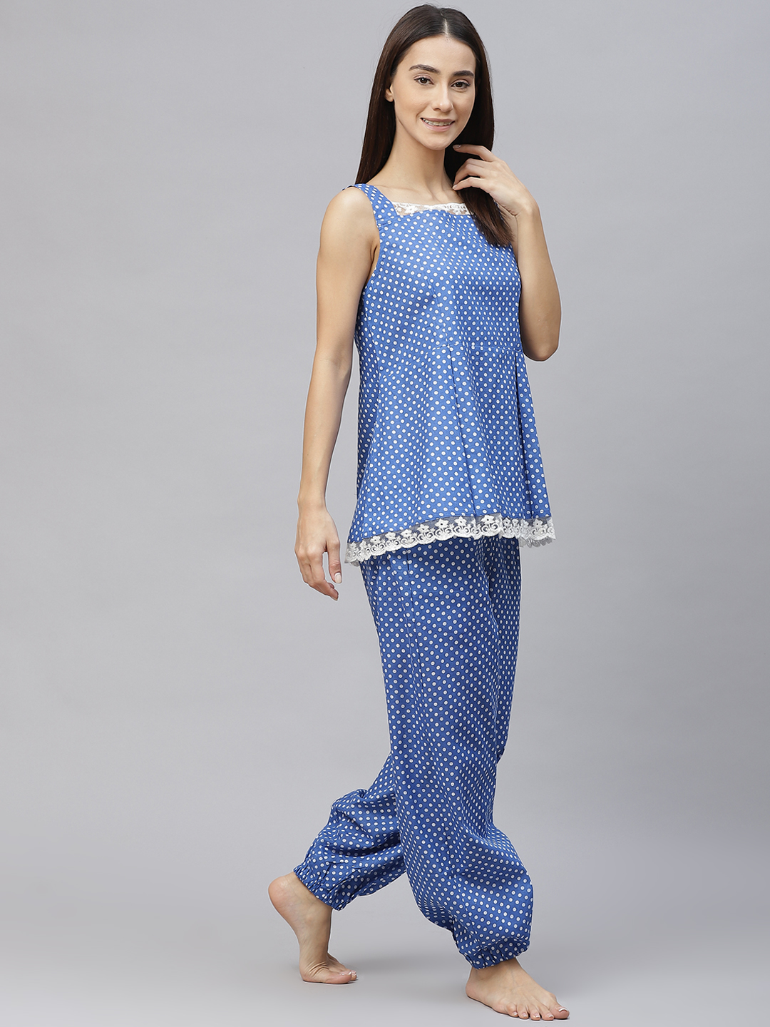 Women Blue & White  Polka Dot Print Lace  Inserts Cotton Pyjama Set
