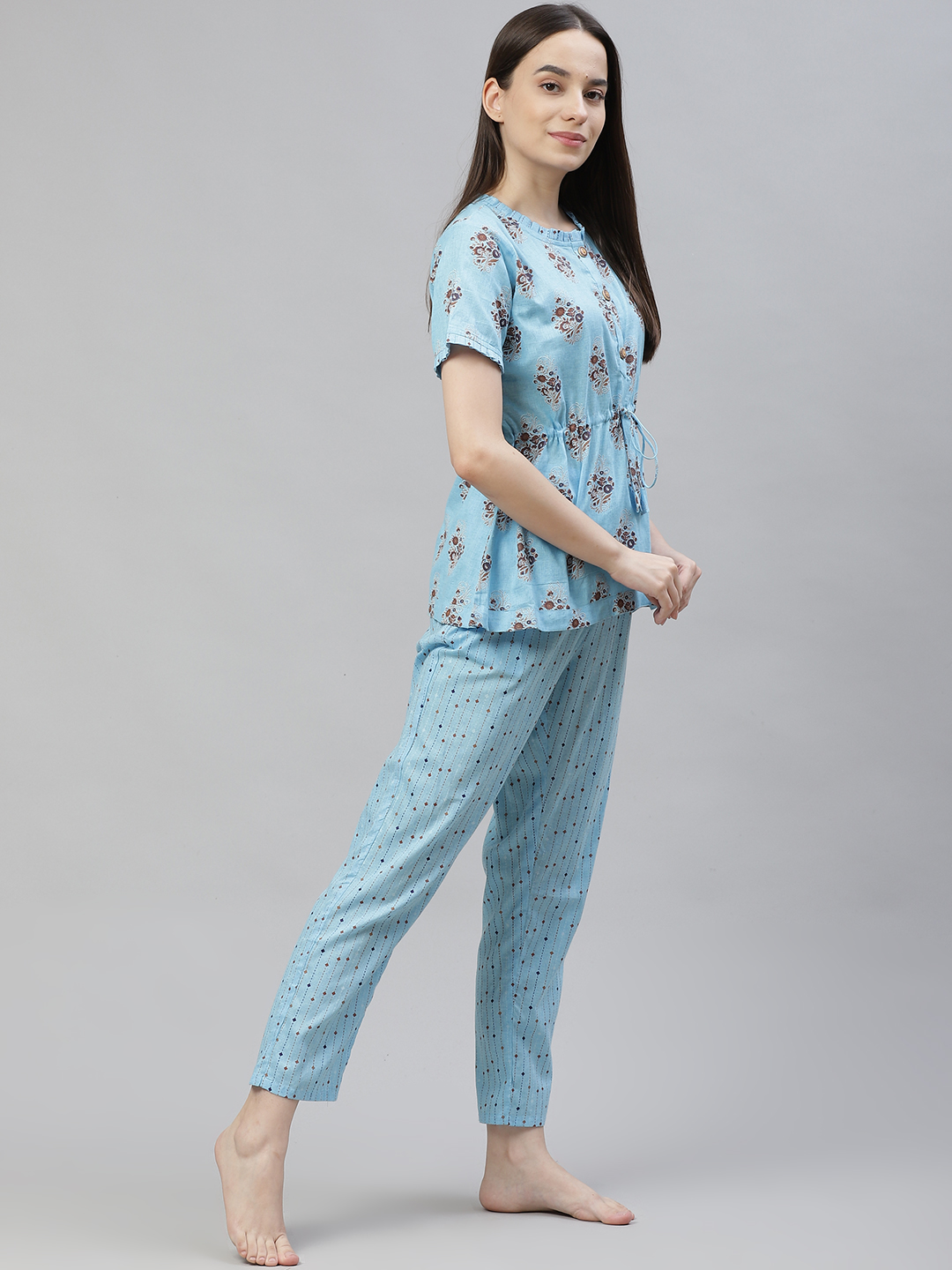 Blue Floral Print Pure  Cotton Sustainable Night suit