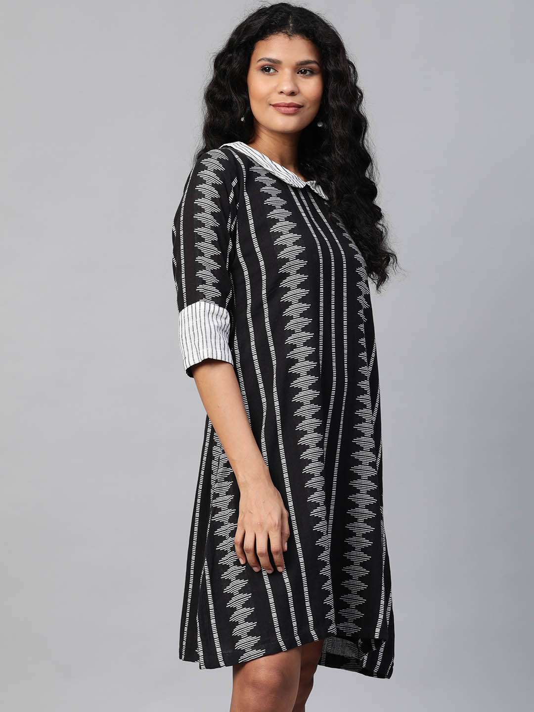 Black & White Ikkat Self-Striped A-Line Dress