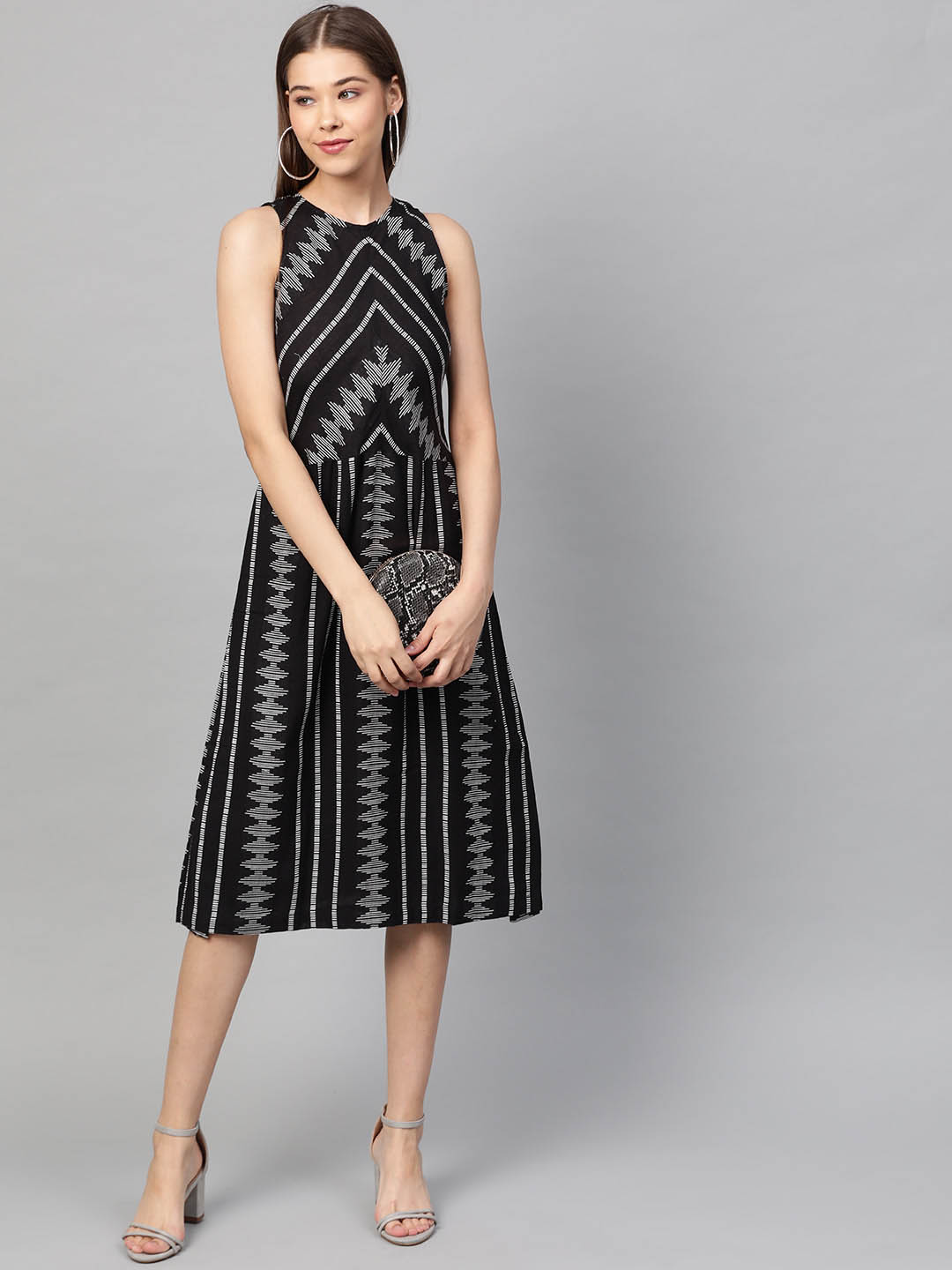 Black & White Self-Design Ikkat A-Line Dress