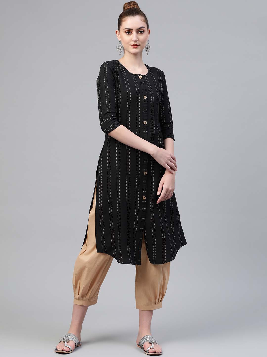 Women Black & Beige Striped Thread Work Handloom Pure Cotton Kurta