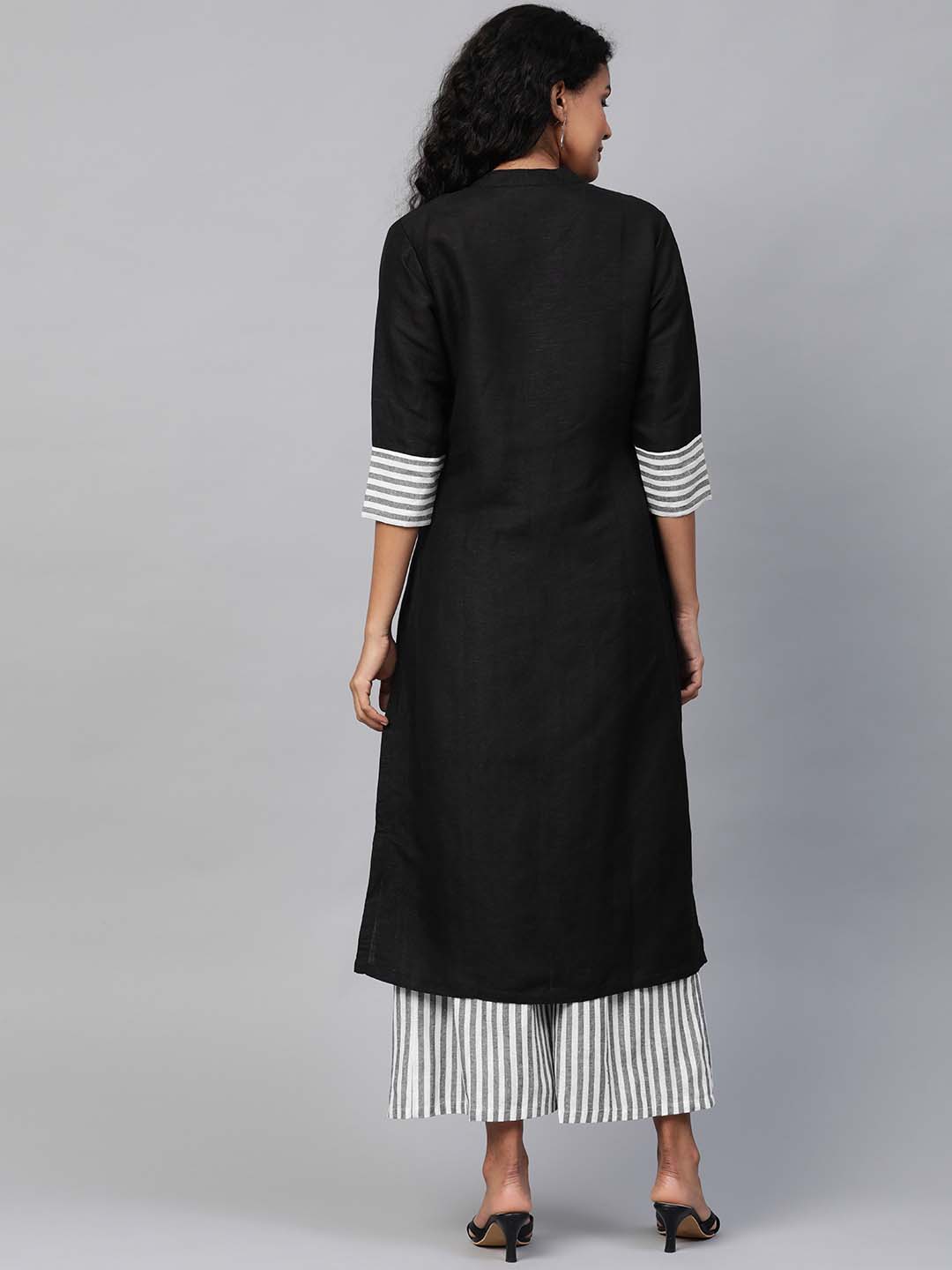 Black Linen Kurta With Striped Handloom Cotton Palazzo- Set of 2