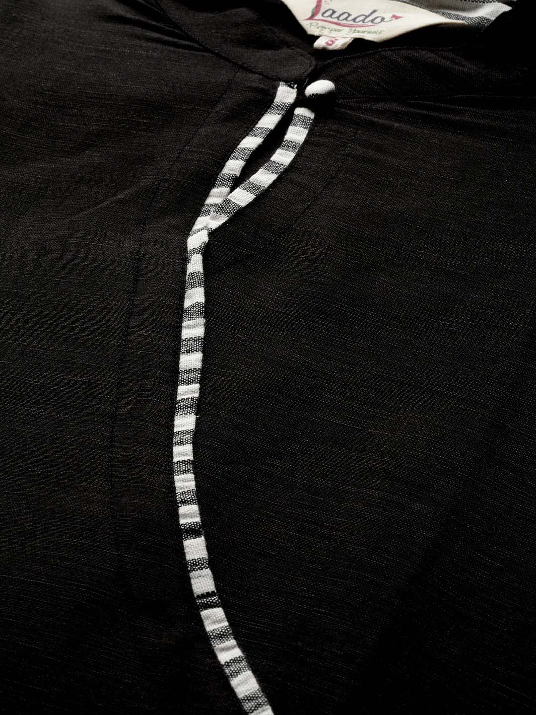 Black Linen Kurta With Striped Handloom Cotton Palazzo- Set of 2