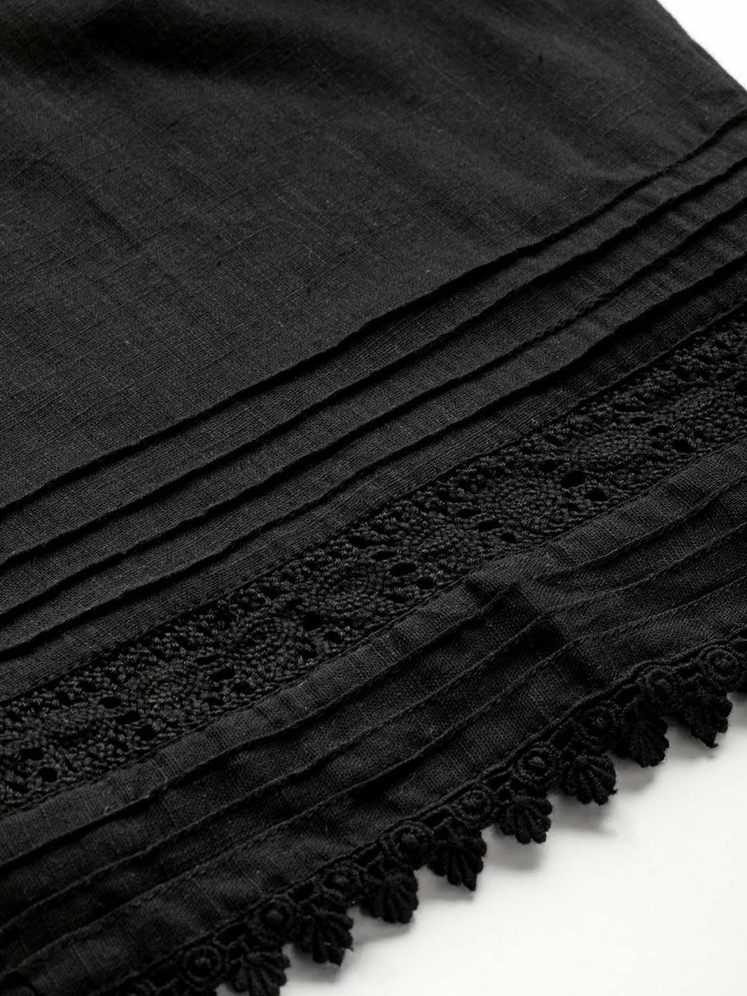 Black Cotton Palazzo With Lace and Pintucks