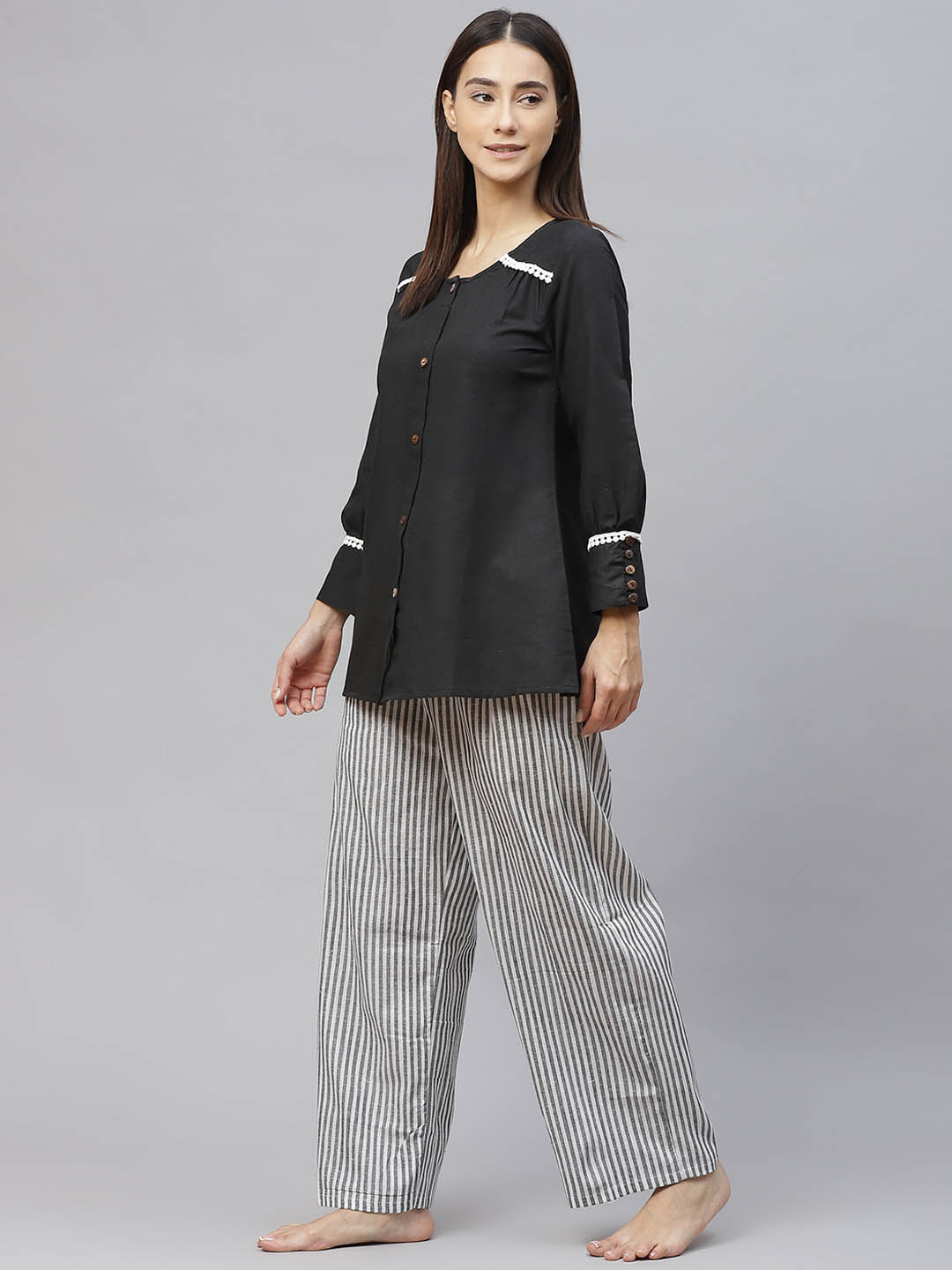 Women Black & White Solid  Cotton Lace Inserts Pyjama Set