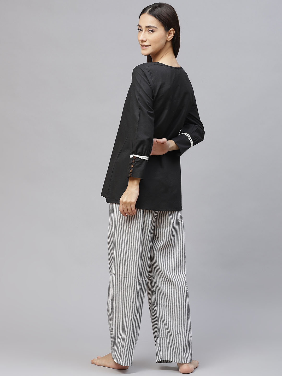 Women Black & White Solid  Cotton Lace Inserts Pyjama Set