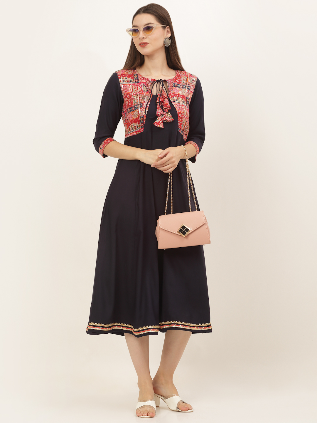 Women Navy Blue Rayon fit and flare dress with jacket